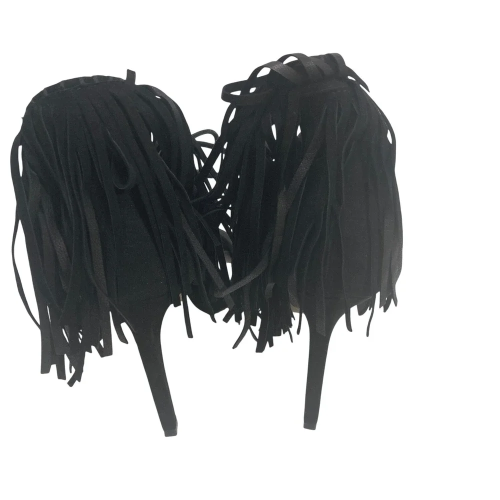 Zara Basic‎ Collection Black Suede Fringe Tassel Lace Up Stiletto Heels Size 38